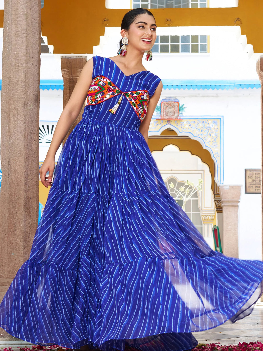 Mesmerizing Royal Blue Leheriya Printed Georgette Navratri Special Gown - Zeel Clothing