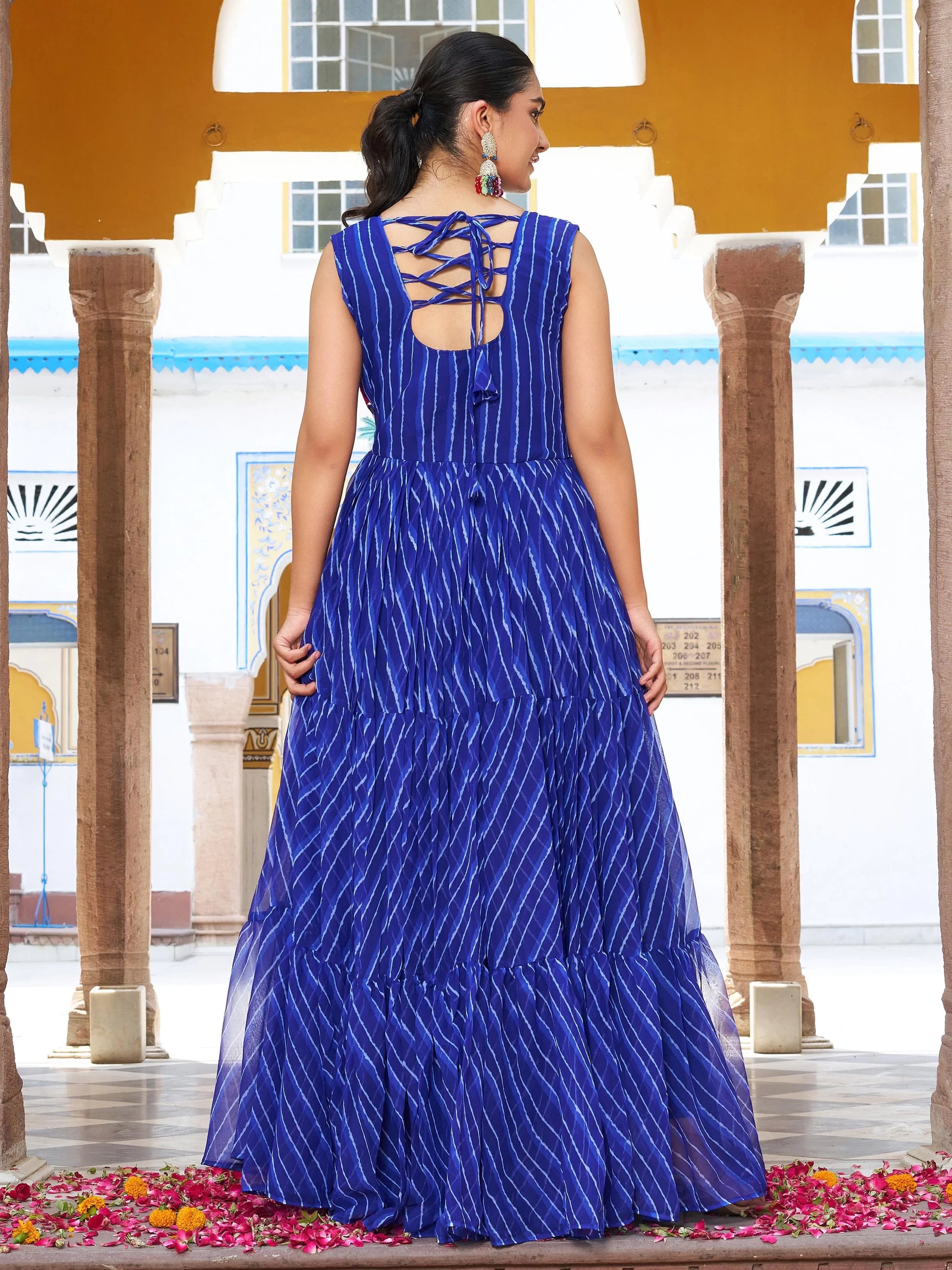 Mesmerizing Royal Blue Leheriya Printed Georgette Navratri Special Gown - Zeel Clothing