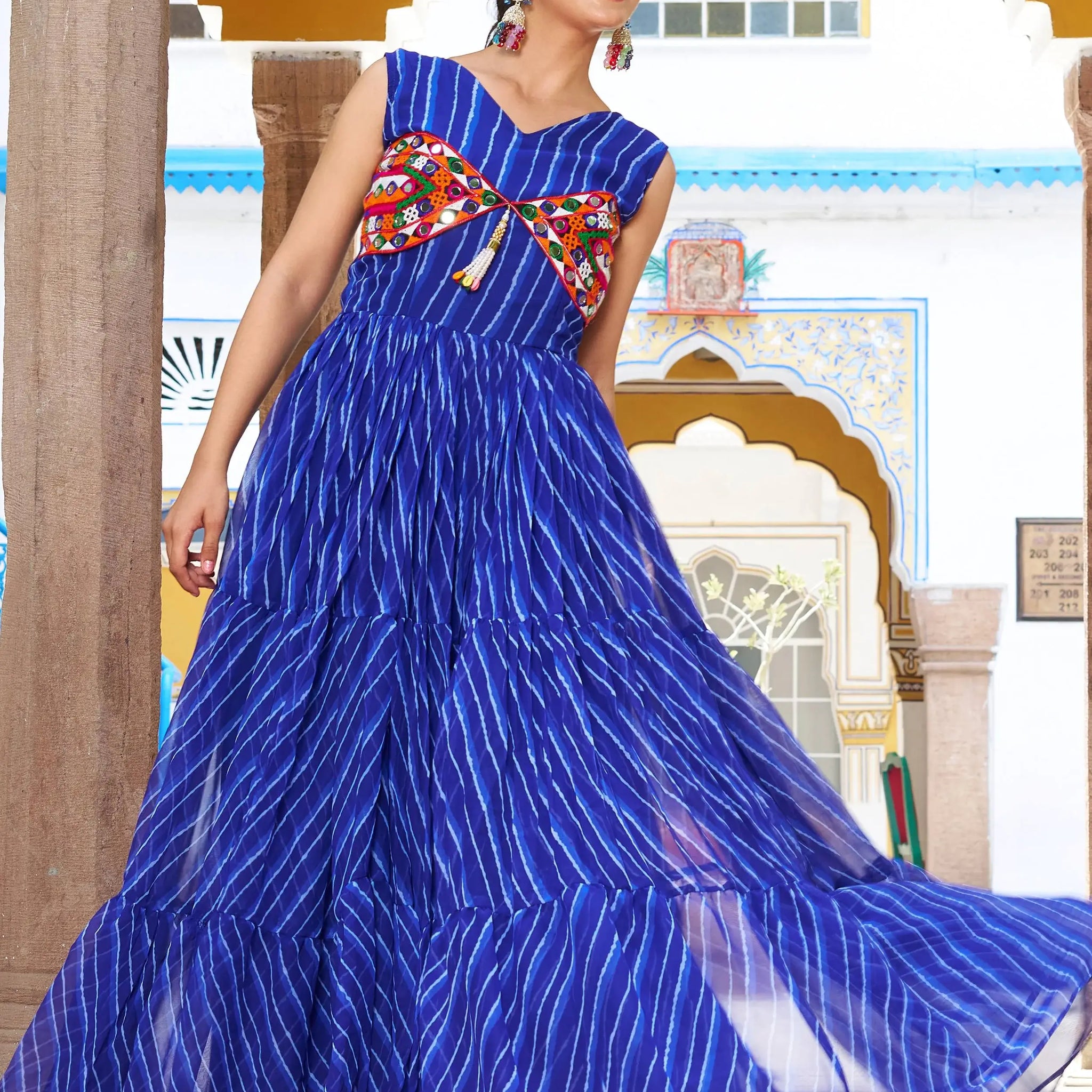 Mesmerizing Royal Blue Leheriya Printed Georgette Navratri Special Gown - Zeel Clothing