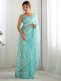 Mesmerizing Sky-Blue Sequins Net Event Wear Saree With Blouse - Zeel Clothing
