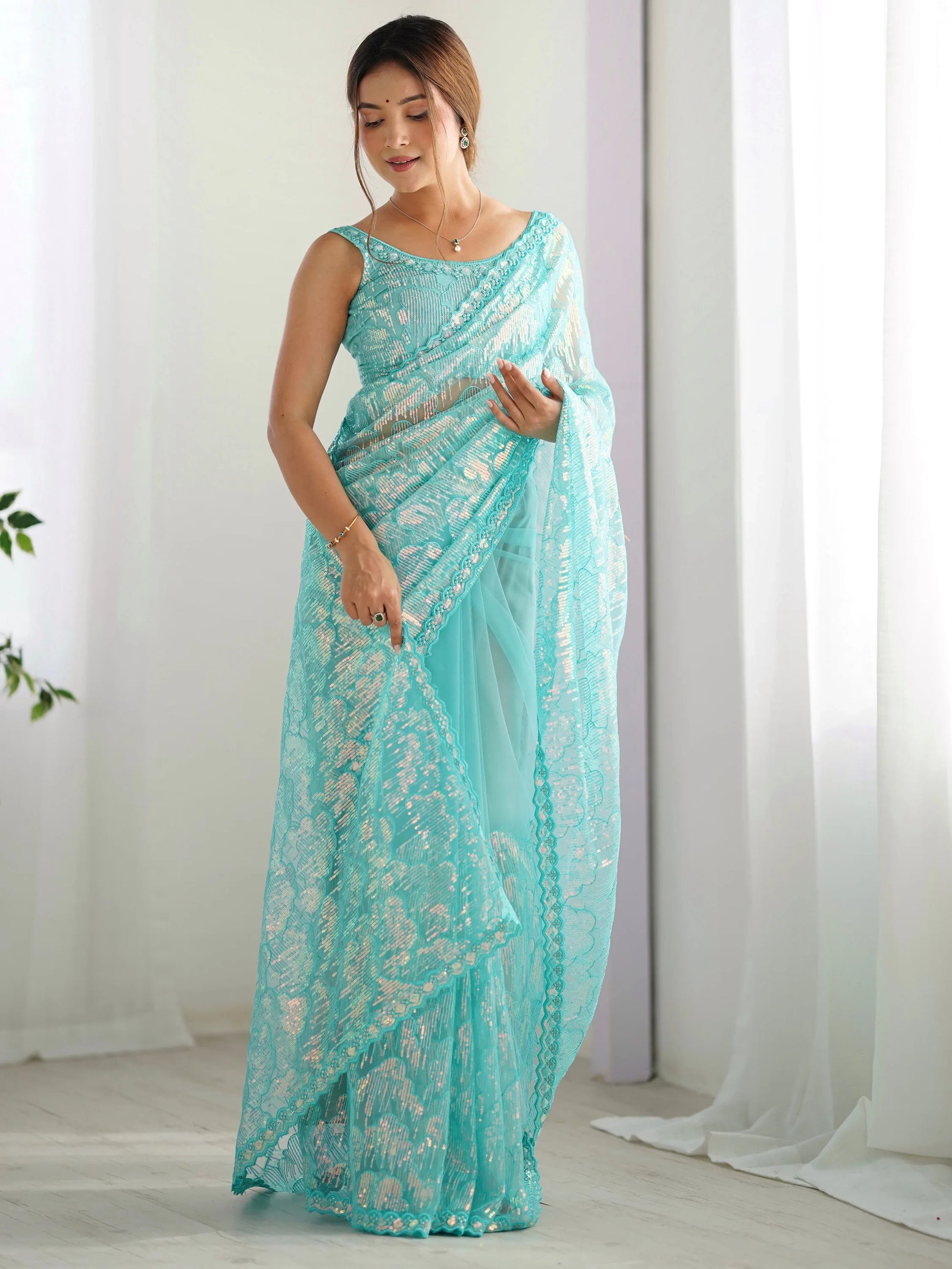 Mesmerizing Sky-Blue Sequins Net Event Wear Saree With Blouse - Zeel Clothing