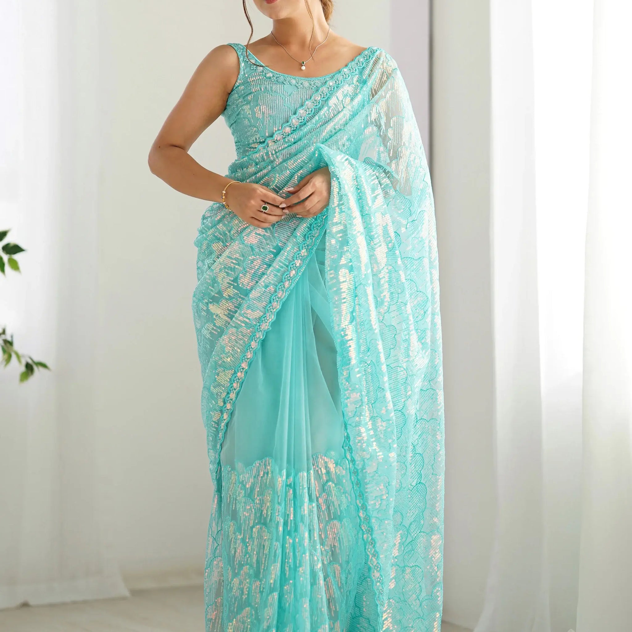 Mesmerizing Sky-Blue Sequins Net Event Wear Saree With Blouse - Zeel Clothing