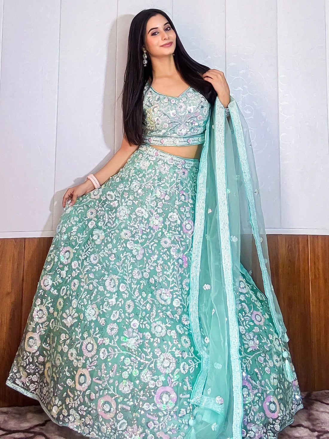 Mesmerizing Sky-Blue Sequins Net Party Wear Lehenga Choli With Dupatta - Zeel Clothing