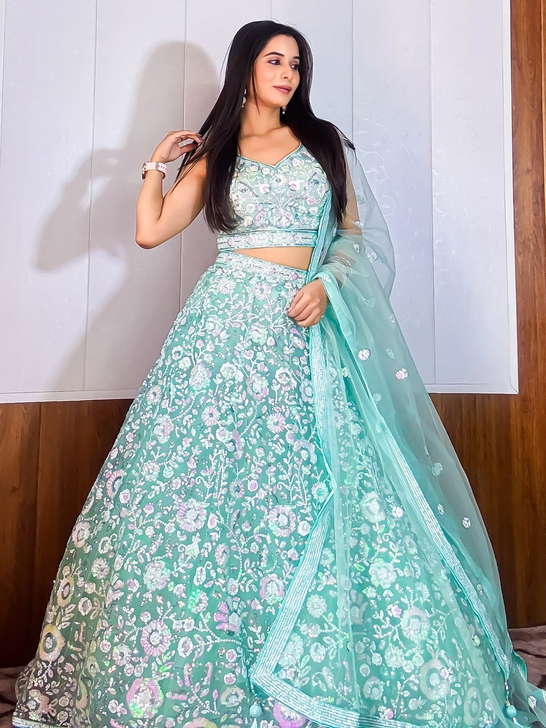 Mesmerizing Sky-Blue Sequins Net Party Wear Lehenga Choli With Dupatta - Zeel Clothing