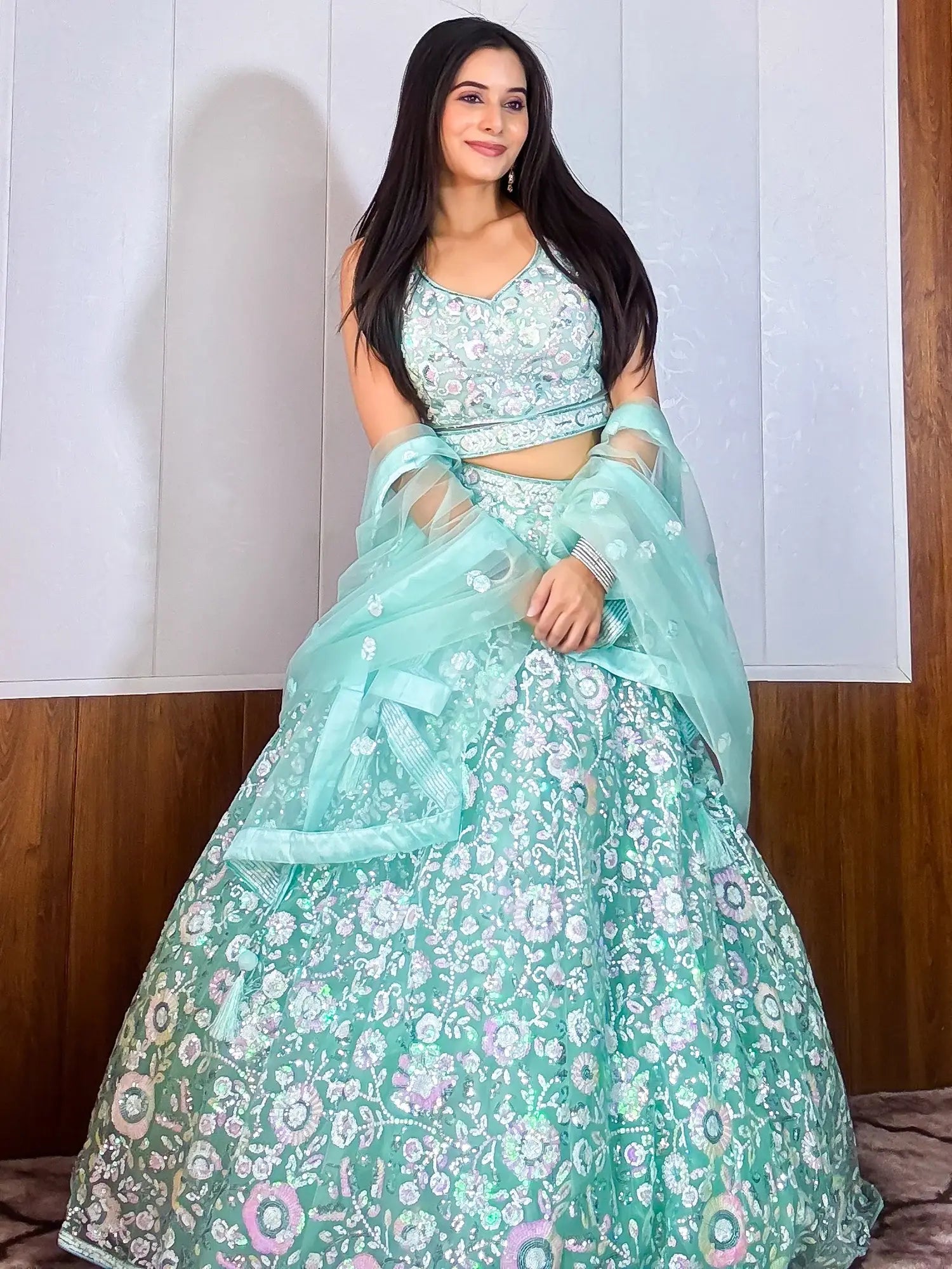 Mesmerizing Sky-Blue Sequins Net Party Wear Lehenga Choli With Dupatta - Zeel Clothing