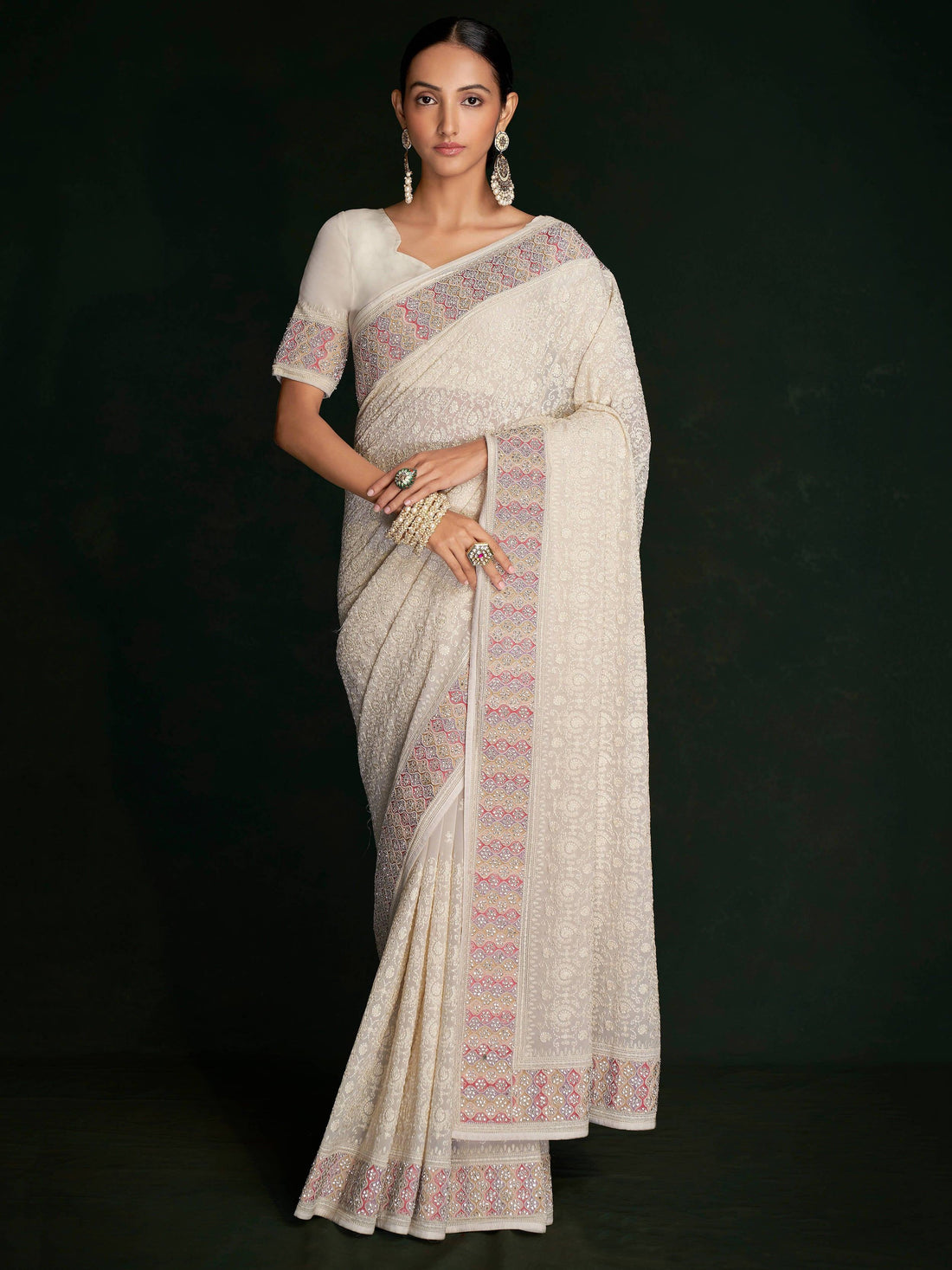 Mesmerizing White Lucknowi Work Georgette Event Wear Saree With Blouse - Zeel Clothing