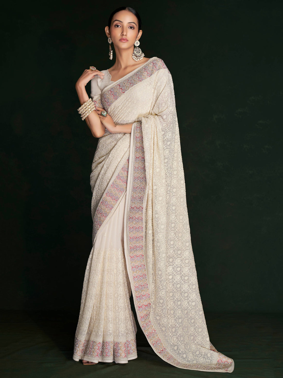 Mesmerizing White Lucknowi Work Georgette Event Wear Saree With Blouse - Zeel Clothing