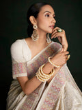 Mesmerizing White Lucknowi Work Georgette Event Wear Saree With Blouse - Zeel Clothing