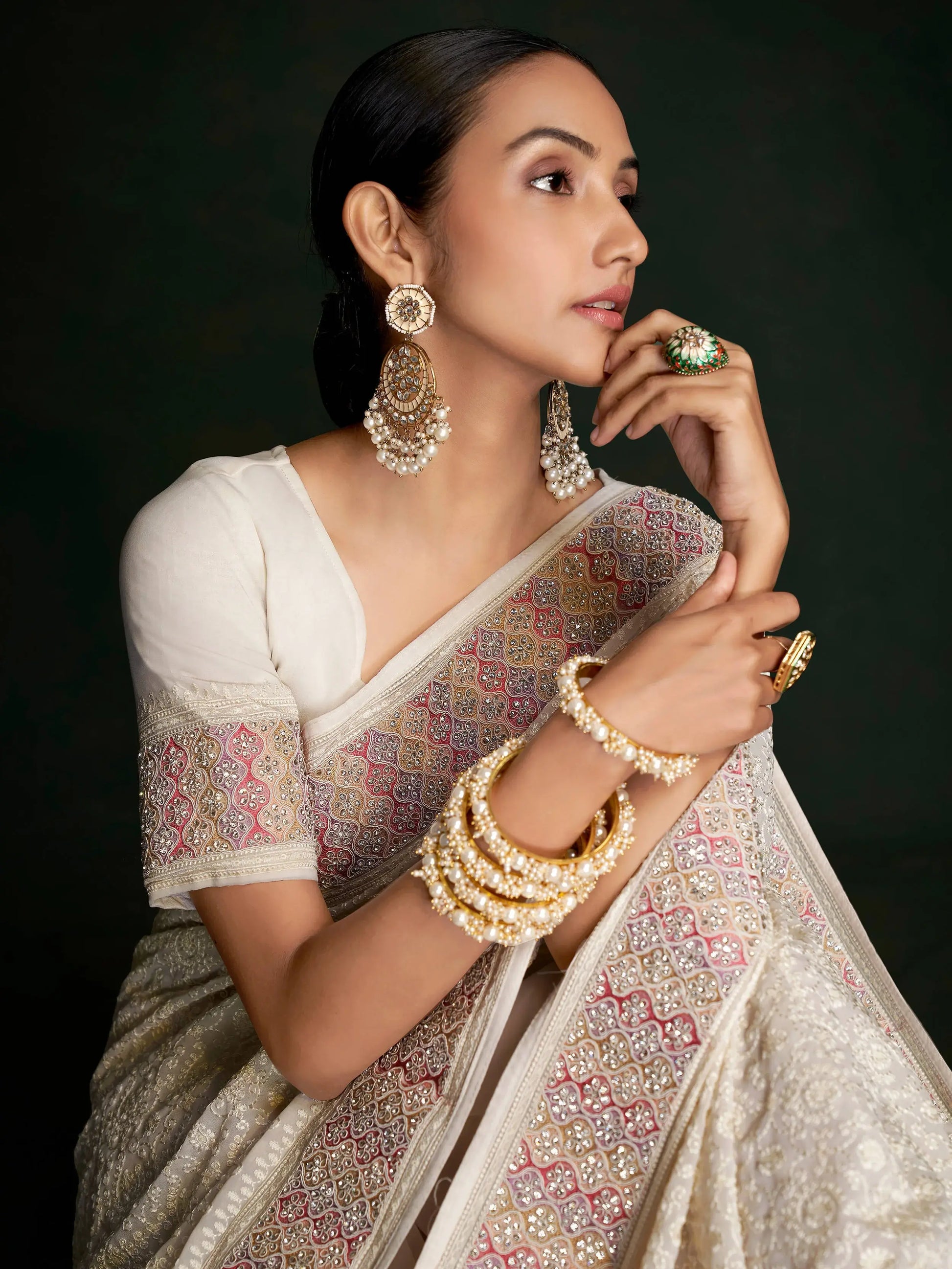 Mesmerizing White Lucknowi Work Georgette Event Wear Saree With Blouse - Zeel Clothing