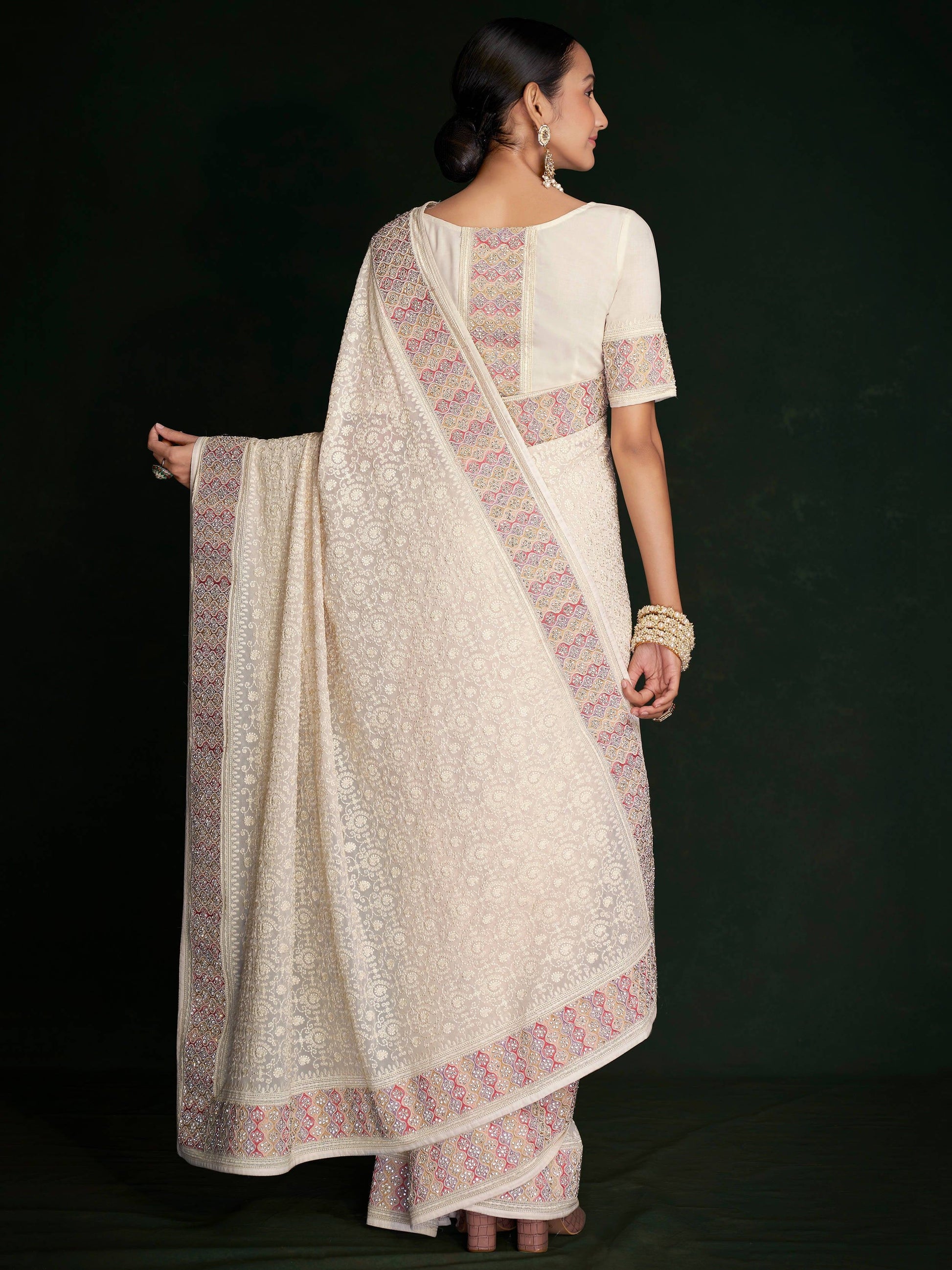 Mesmerizing White Lucknowi Work Georgette Event Wear Saree With Blouse - Zeel Clothing