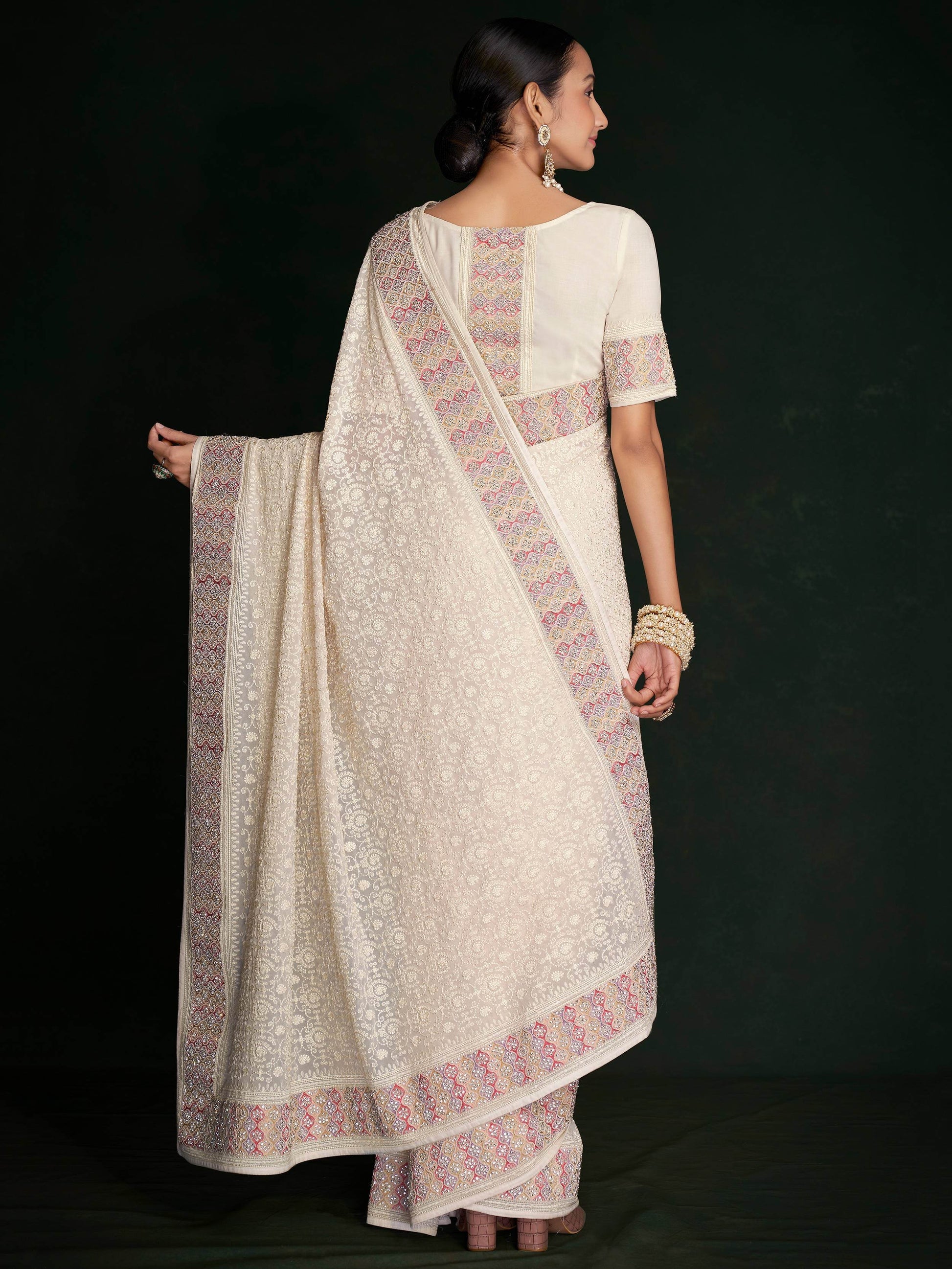 Mesmerizing White Lucknowi Work Georgette Event Wear Saree With Blouse - Zeel Clothing