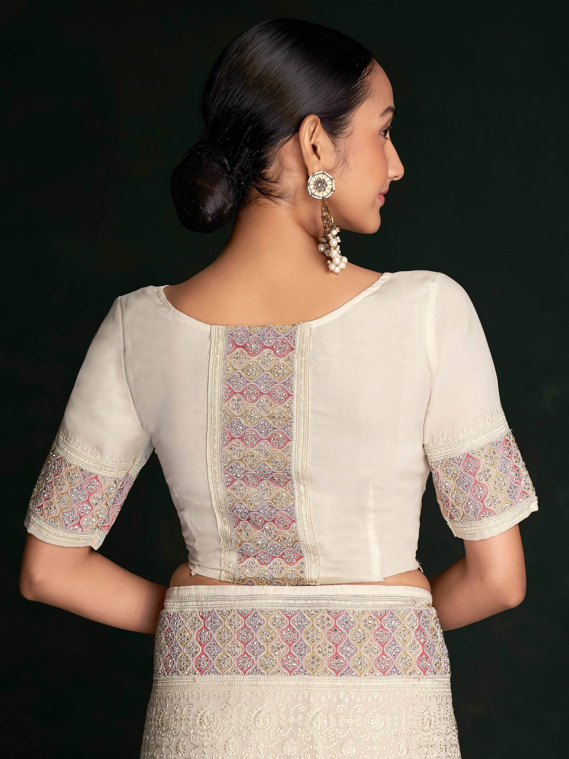 Mesmerizing White Lucknowi Work Georgette Event Wear Saree With Blouse - Zeel Clothing