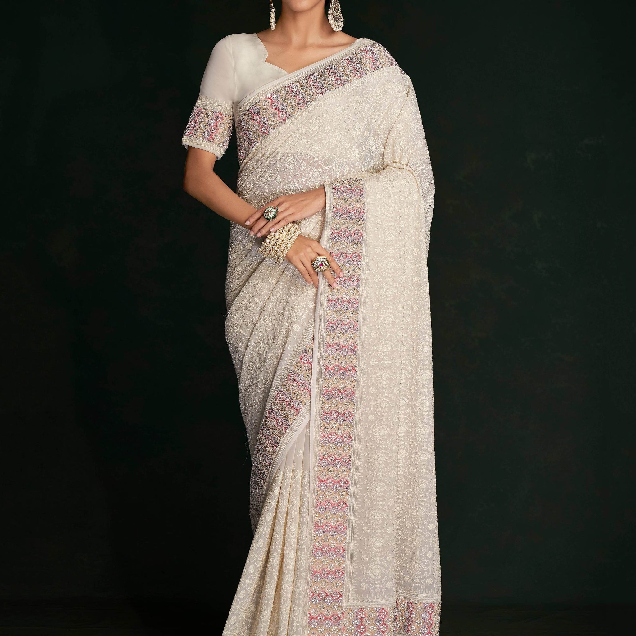 Mesmerizing White Lucknowi Work Georgette Event Wear Saree With Blouse - Zeel Clothing