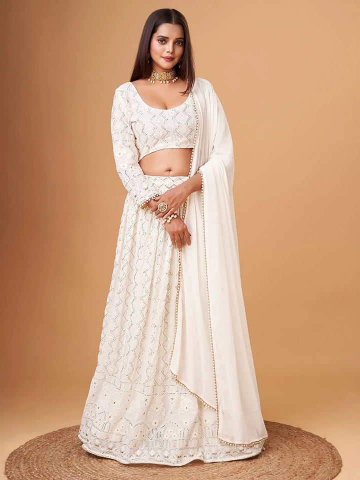 Mesmerizing White Thread Work Georgette Lehenga Choli With Dupatta - Zeel Clothing