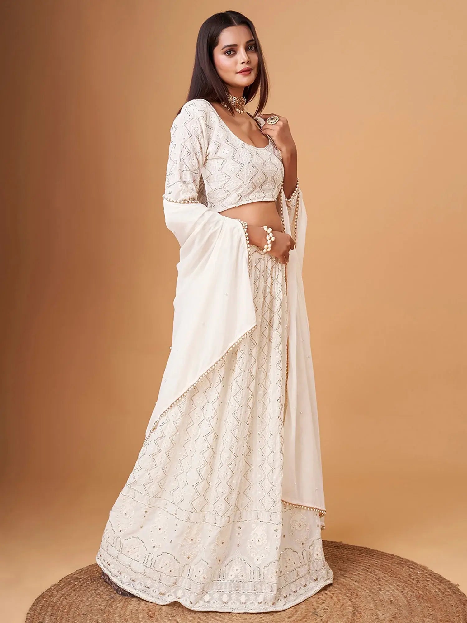 Mesmerizing White Thread Work Georgette Lehenga Choli With Dupatta - Zeel Clothing