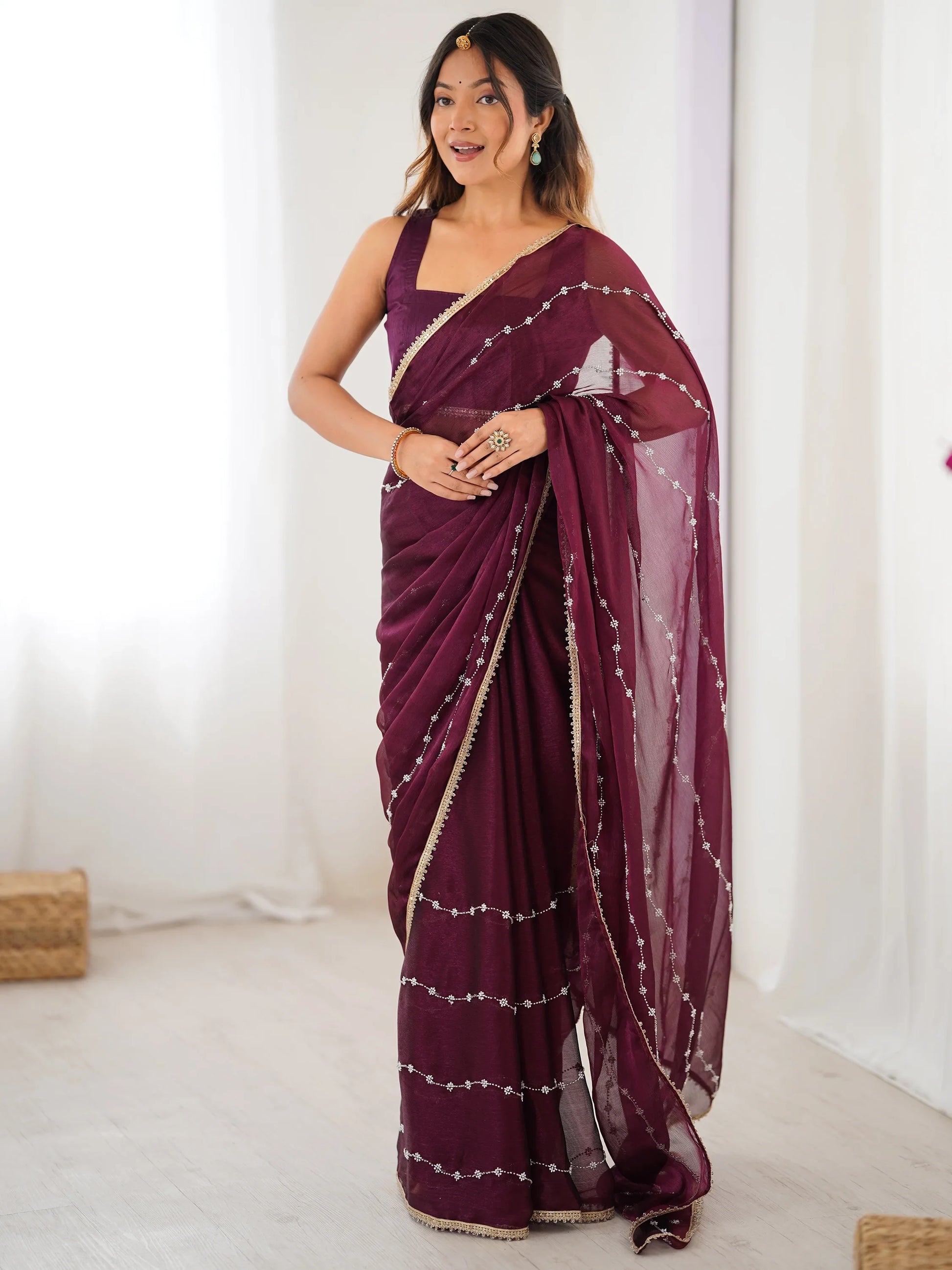 Mesmerizing Wine Sequins Chiffon Reception Wear Saree With Blouse - Zeel Clothing