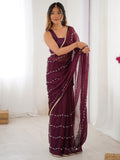 Mesmerizing Wine Sequins Chiffon Reception Wear Saree With Blouse - Zeel Clothing