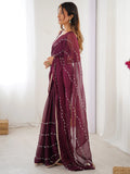 Mesmerizing Wine Sequins Chiffon Reception Wear Saree With Blouse - Zeel Clothing