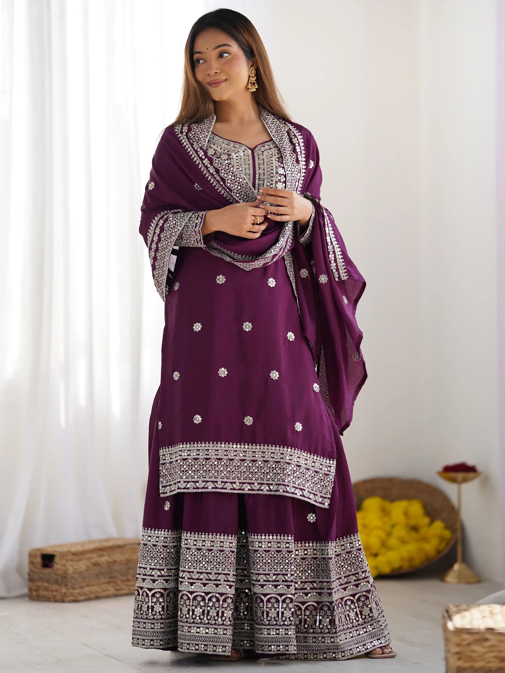 Mesmerizing Wine Sequins Chinon Evening Wear Sharara Suit With Dupatta - Zeel Clothing