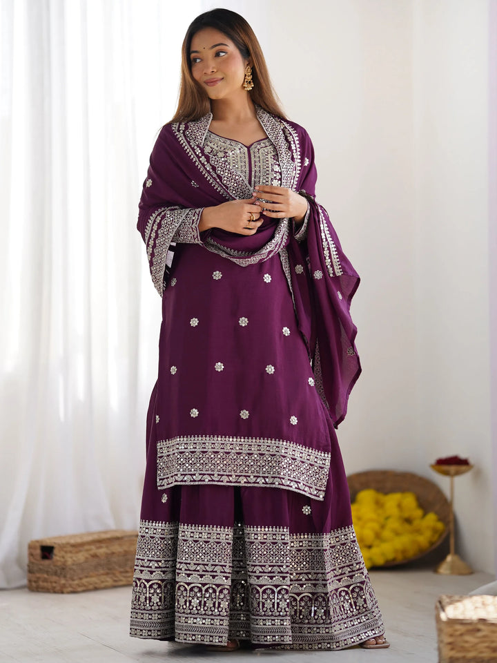 Mesmerizing Wine Sequins Chinon Evening Wear Sharara Suit With Dupatta - Zeel Clothing