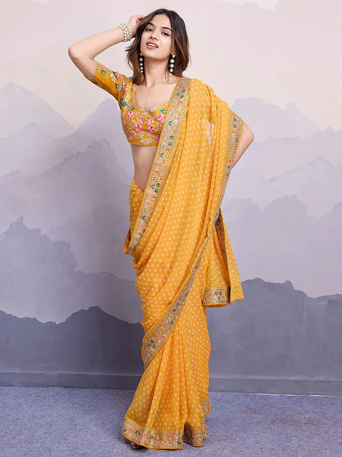 Mesmerizing Yellow Bandhani Printed Georgette Haldi Wear Saree With Blouse - Zeel Clothing