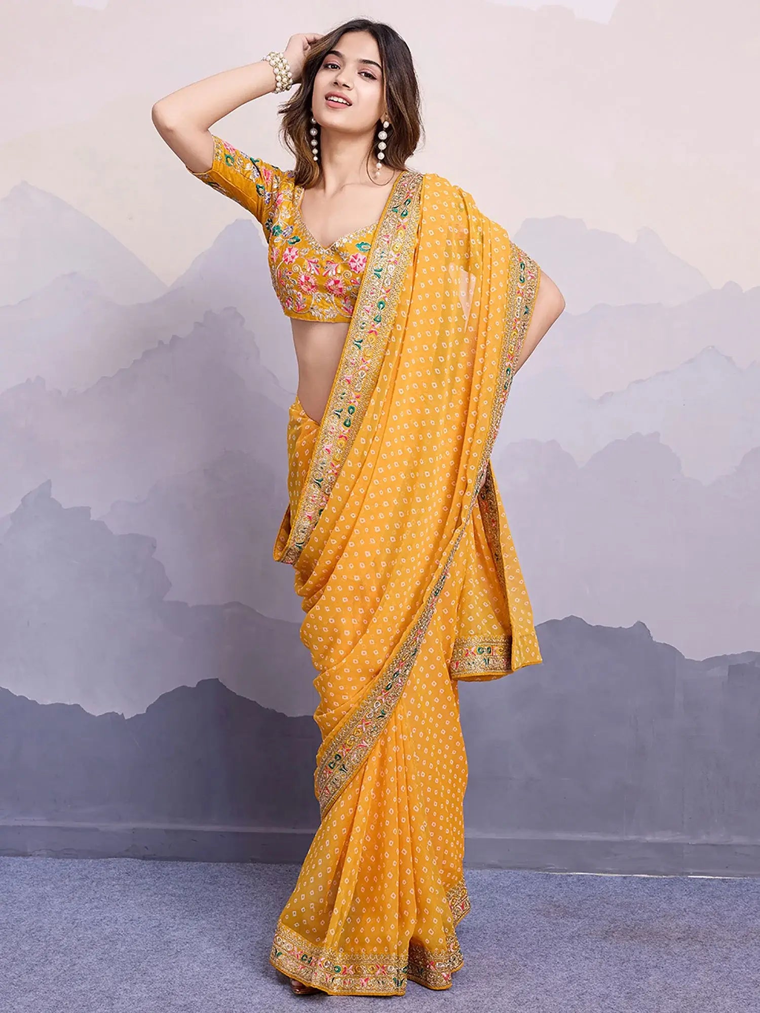 Mesmerizing Yellow Bandhani Printed Georgette Haldi Wear Saree With Blouse - Zeel Clothing