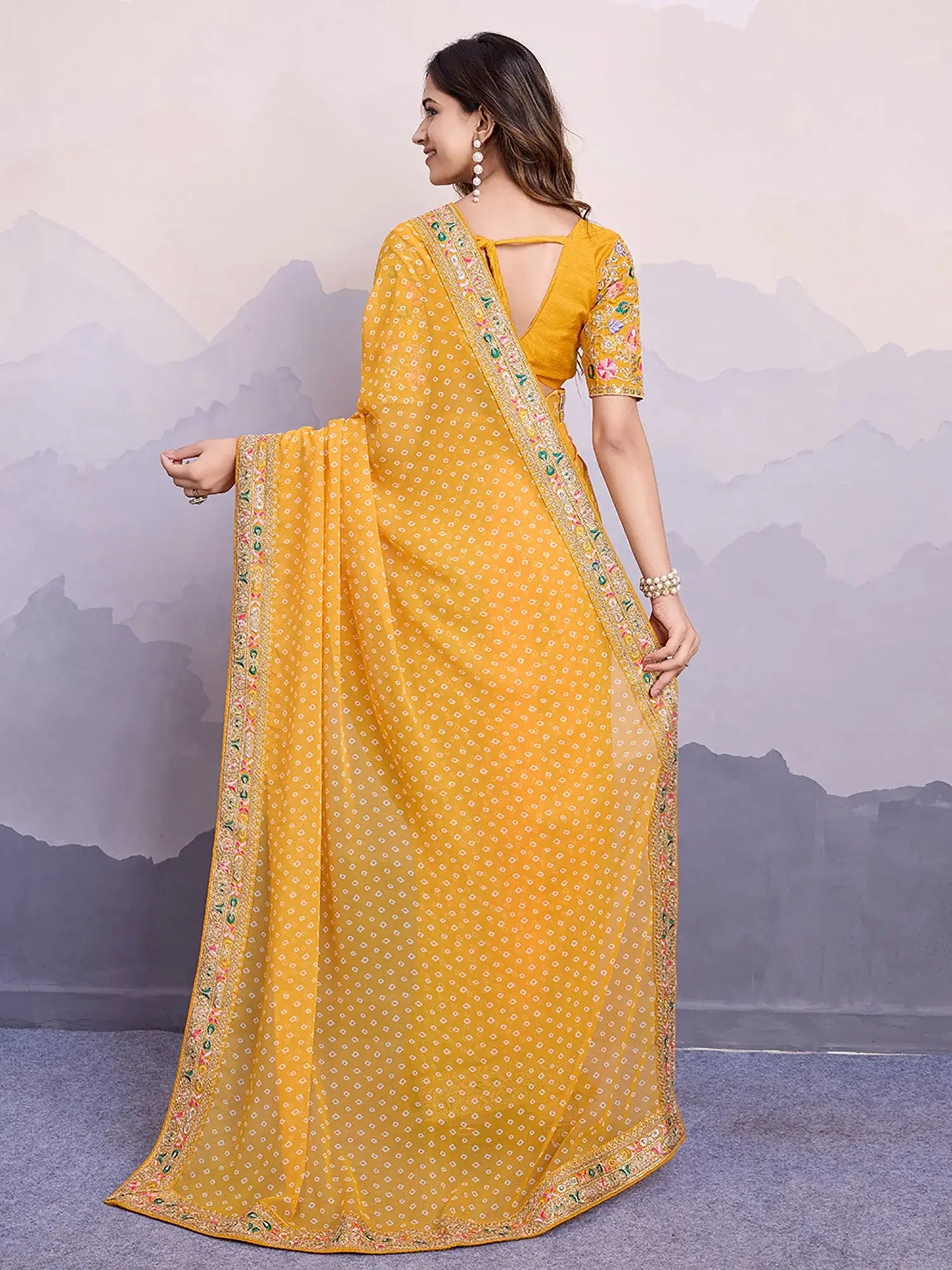 Mesmerizing Yellow Bandhani Printed Georgette Haldi Wear Saree With Blouse - Zeel Clothing