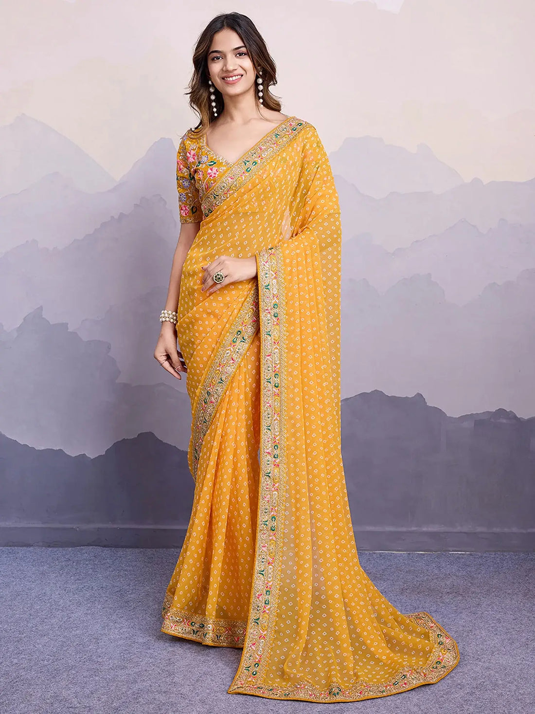Mesmerizing Yellow Bandhani Printed Georgette Haldi Wear Saree With Blouse - Zeel Clothing