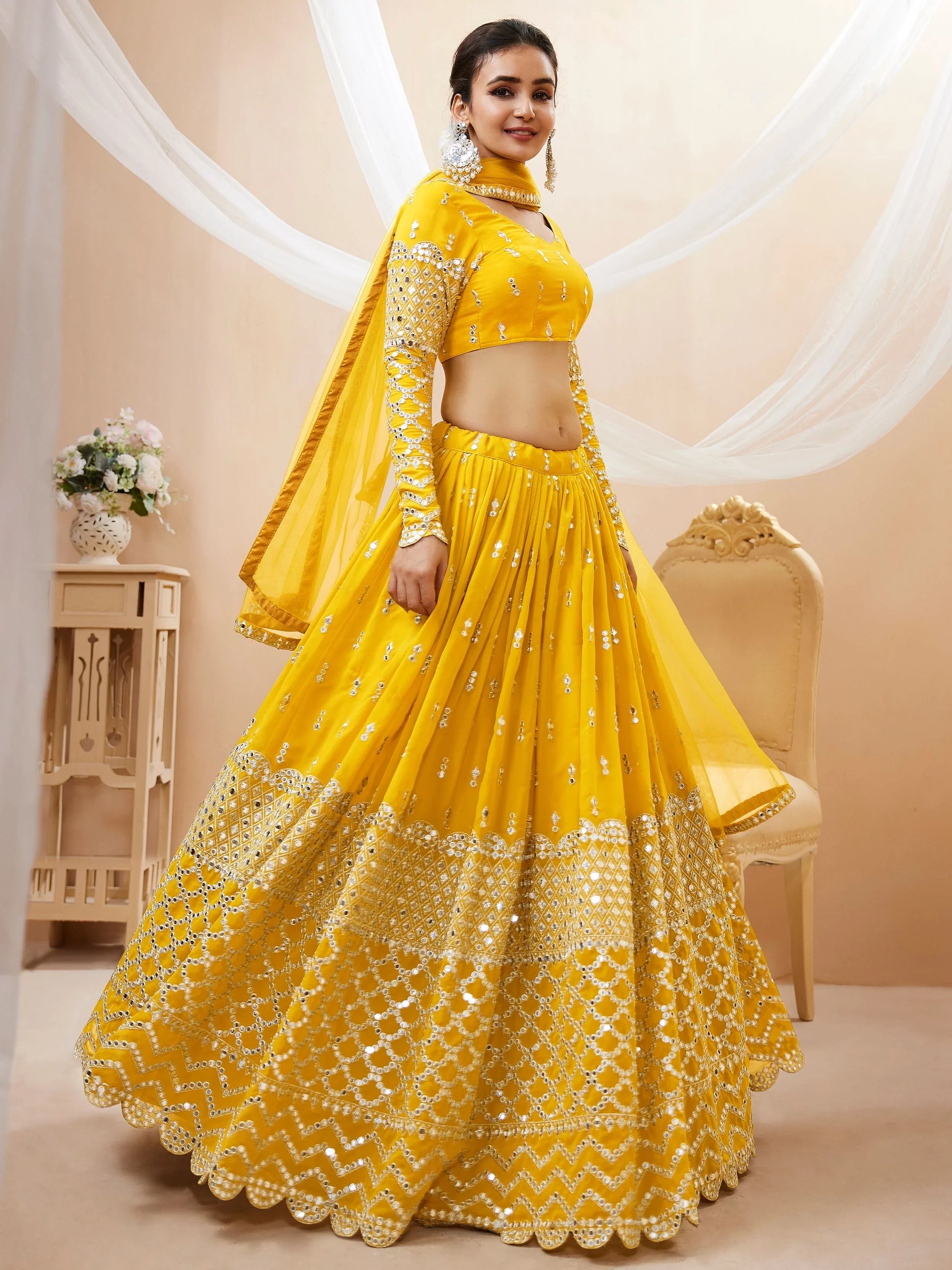 Mesmerizing Yellow Sequins Georgette Haldi Wear Lehenga Choli - Zeel Clothing