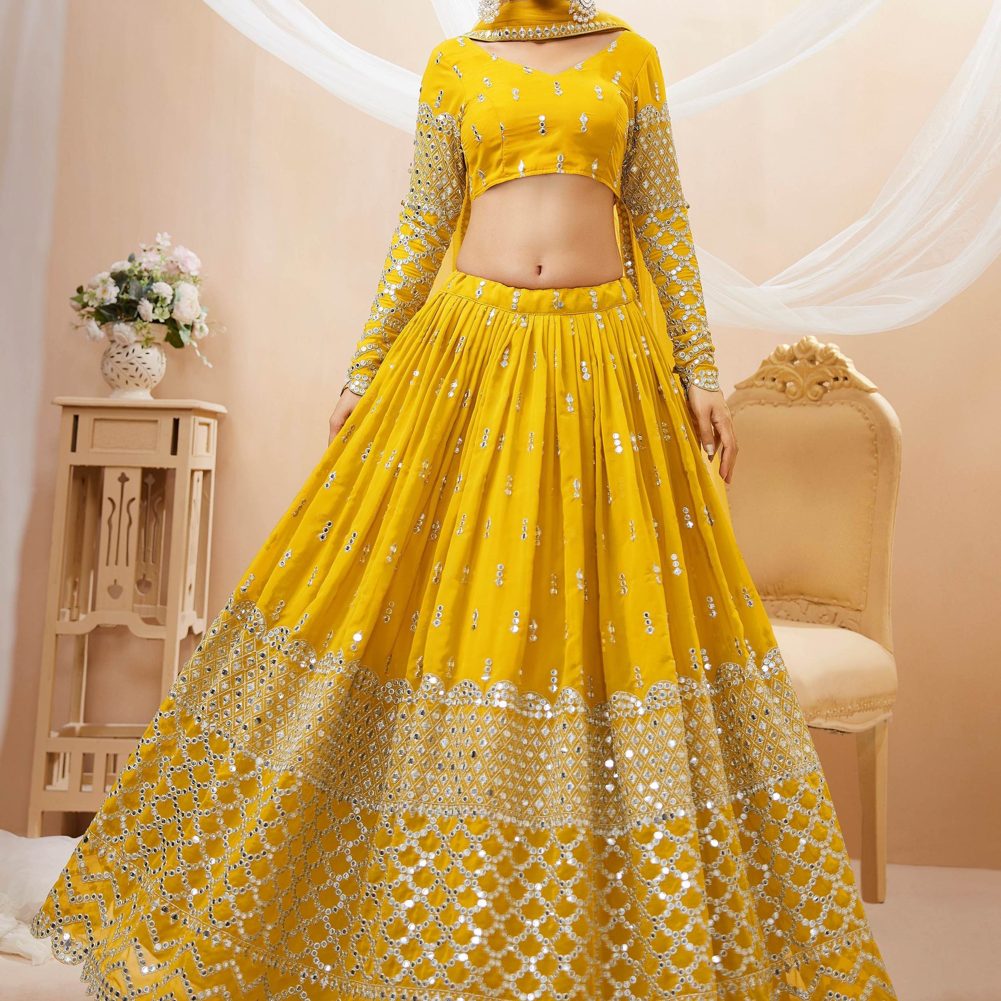 Mesmerizing Yellow Sequins Georgette Haldi Wear Lehenga Choli - Zeel Clothing