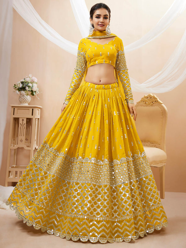 Mesmerizing Yellow Sequins Georgette Haldi Wear Lehenga Choli - Zeel Clothing
