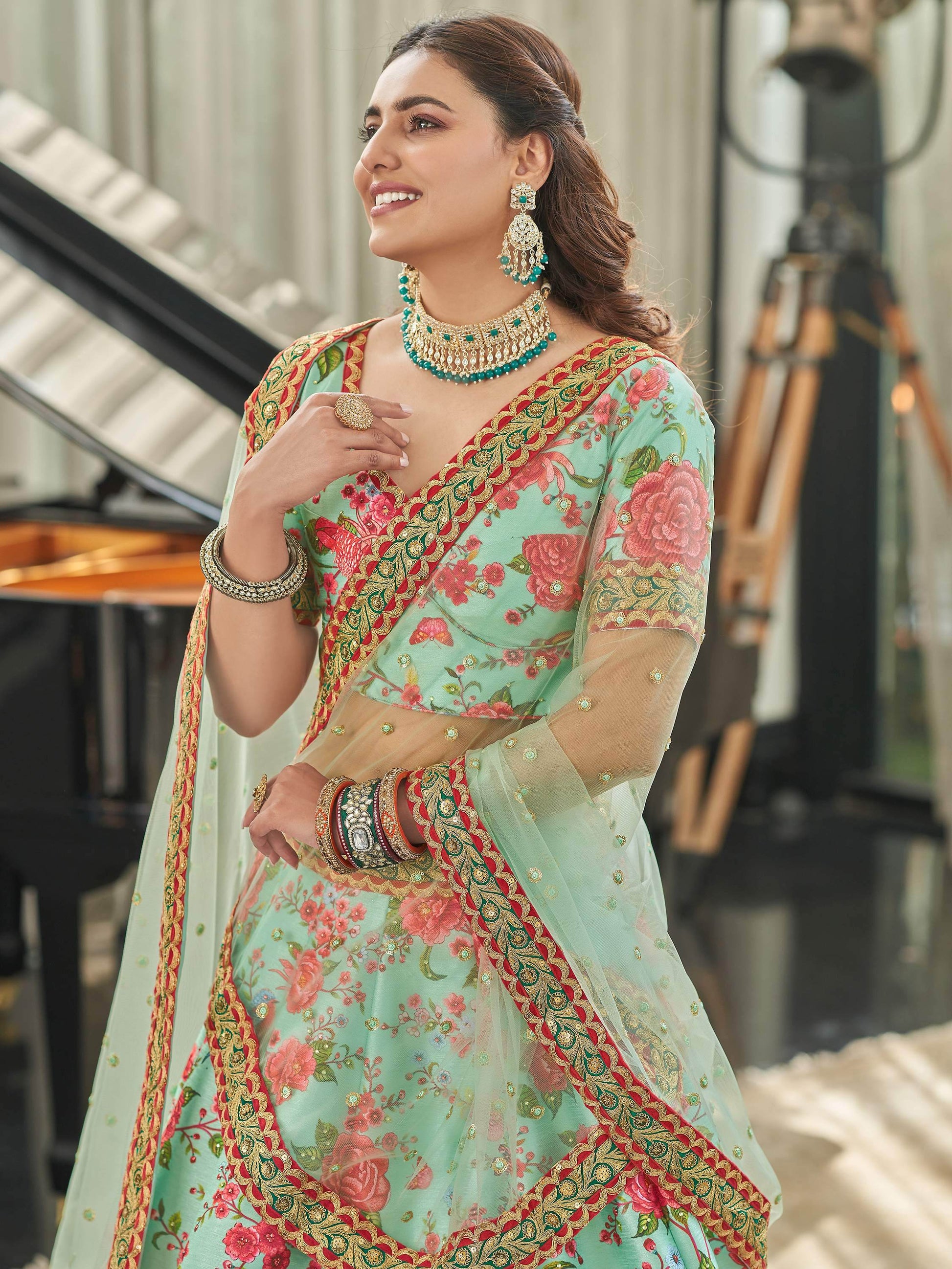 Mint Green Floral Printed Art Silk Wedding Wear Lehenga Choli - Zeel Clothing