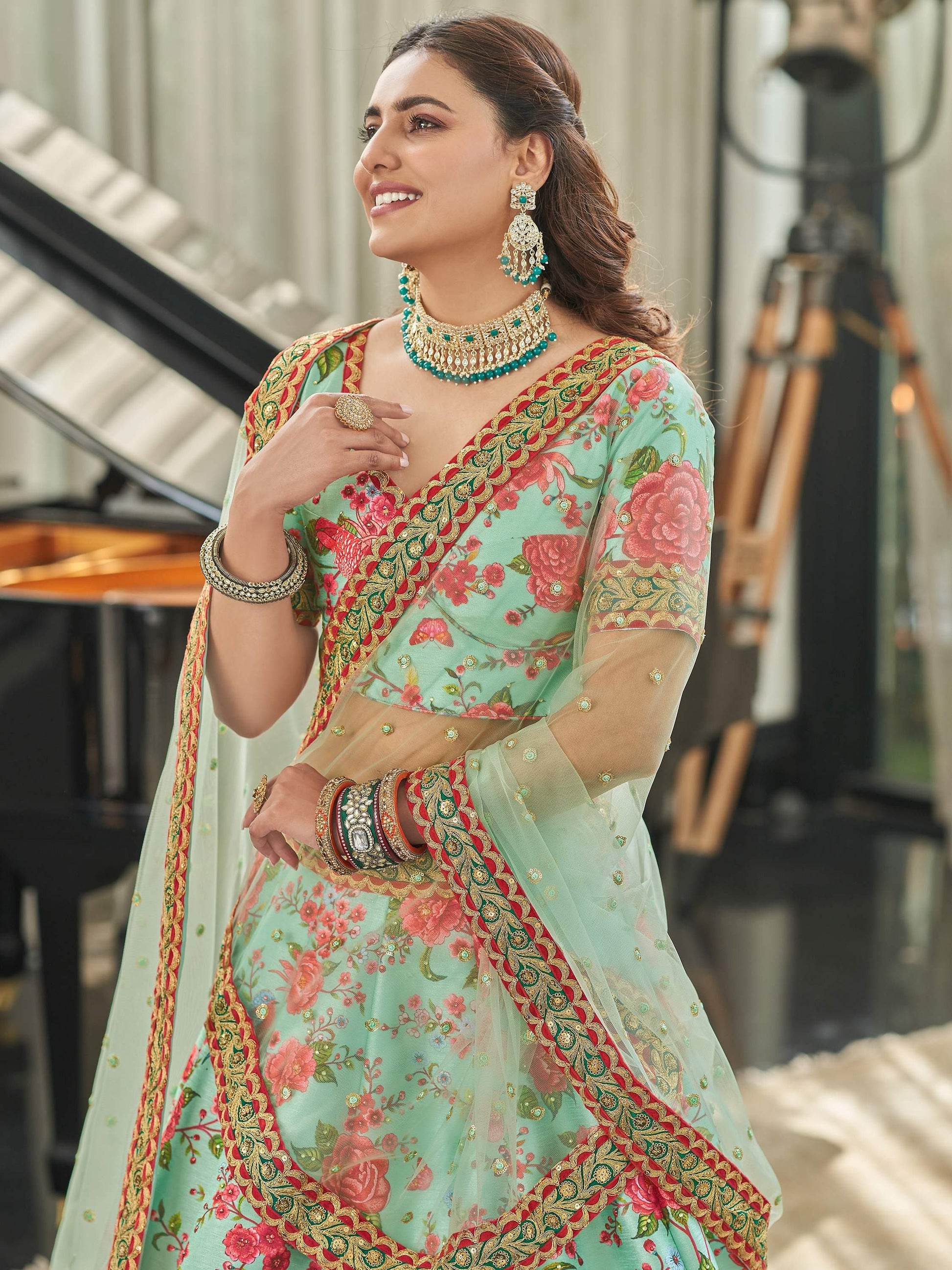 Mint Green Floral Printed Art Silk Wedding Wear Lehenga Choli - Zeel Clothing