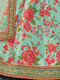 Mint Green Floral Printed Art Silk Wedding Wear Lehenga Choli - Zeel Clothing