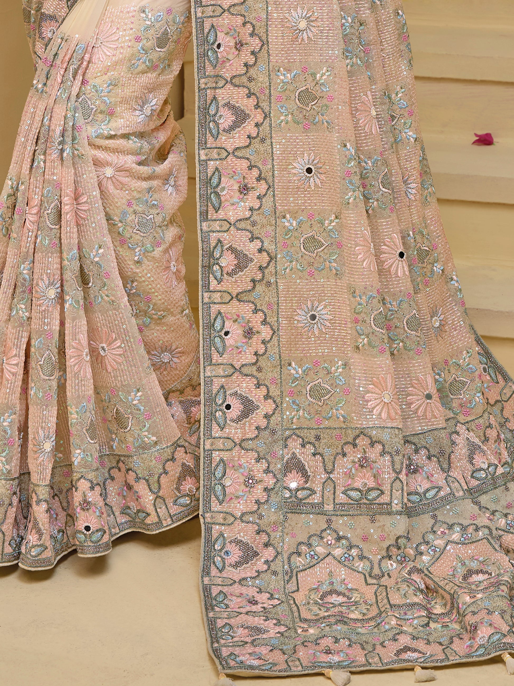 Fabulous Cream Sequins Organza Wedding Wear Saree With Blouse