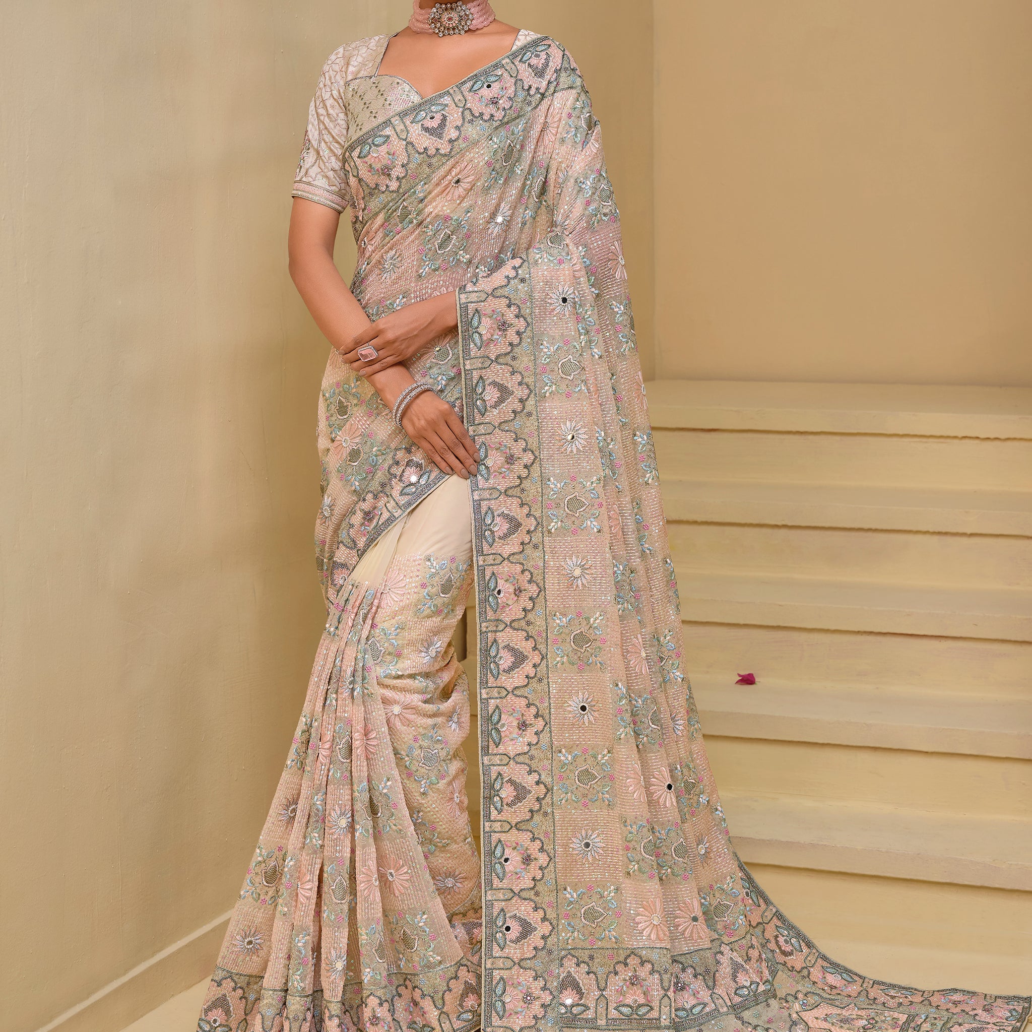 Fabulous Cream Sequins Organza Wedding Wear Saree With Blouse