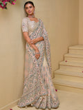 Fabulous Cream Sequins Organza Wedding Wear Saree With Blouse