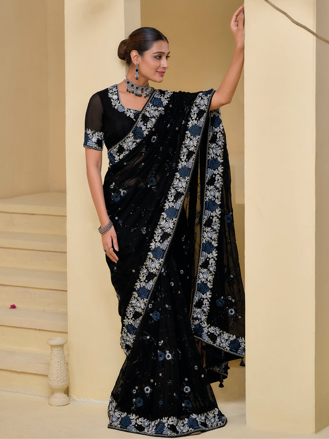 Amazing Black Embroidered Organza Reception Wear Saree With Blouse