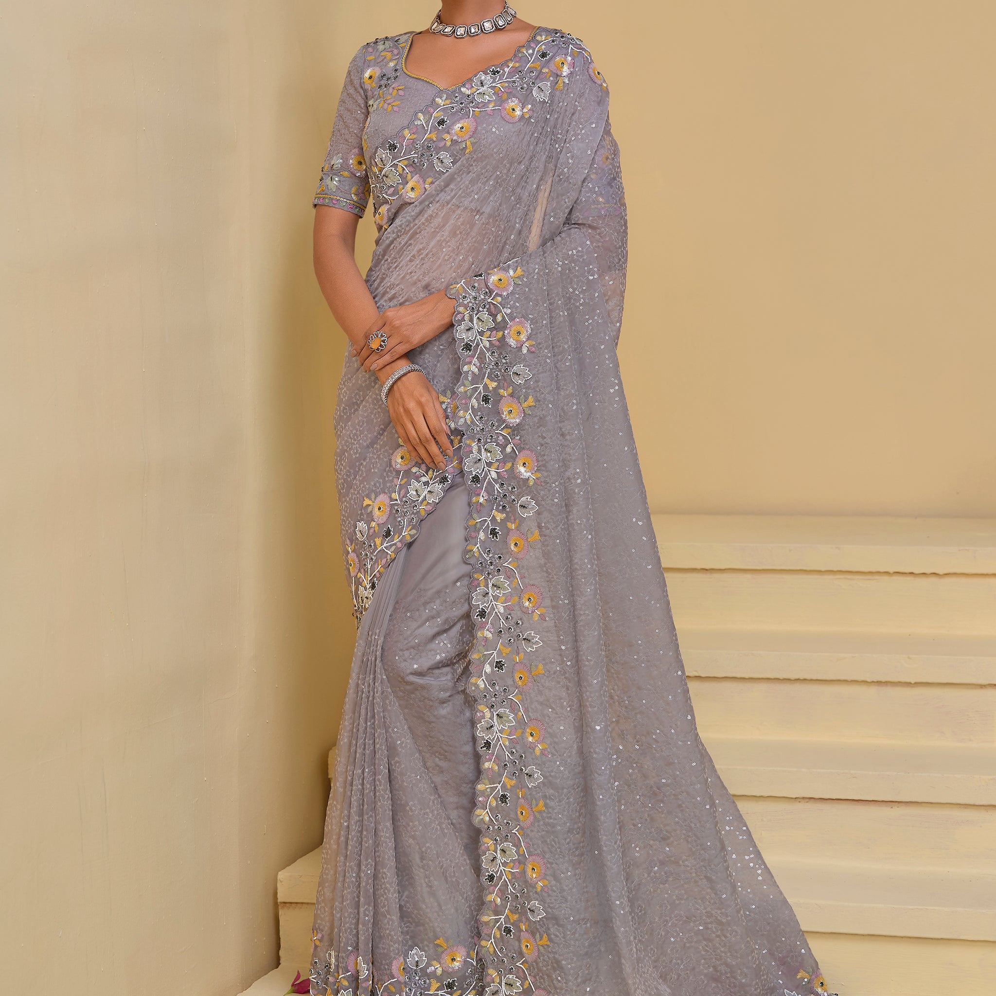 Attractive Grey Sequins Organza Party Wear Saree With Blouse