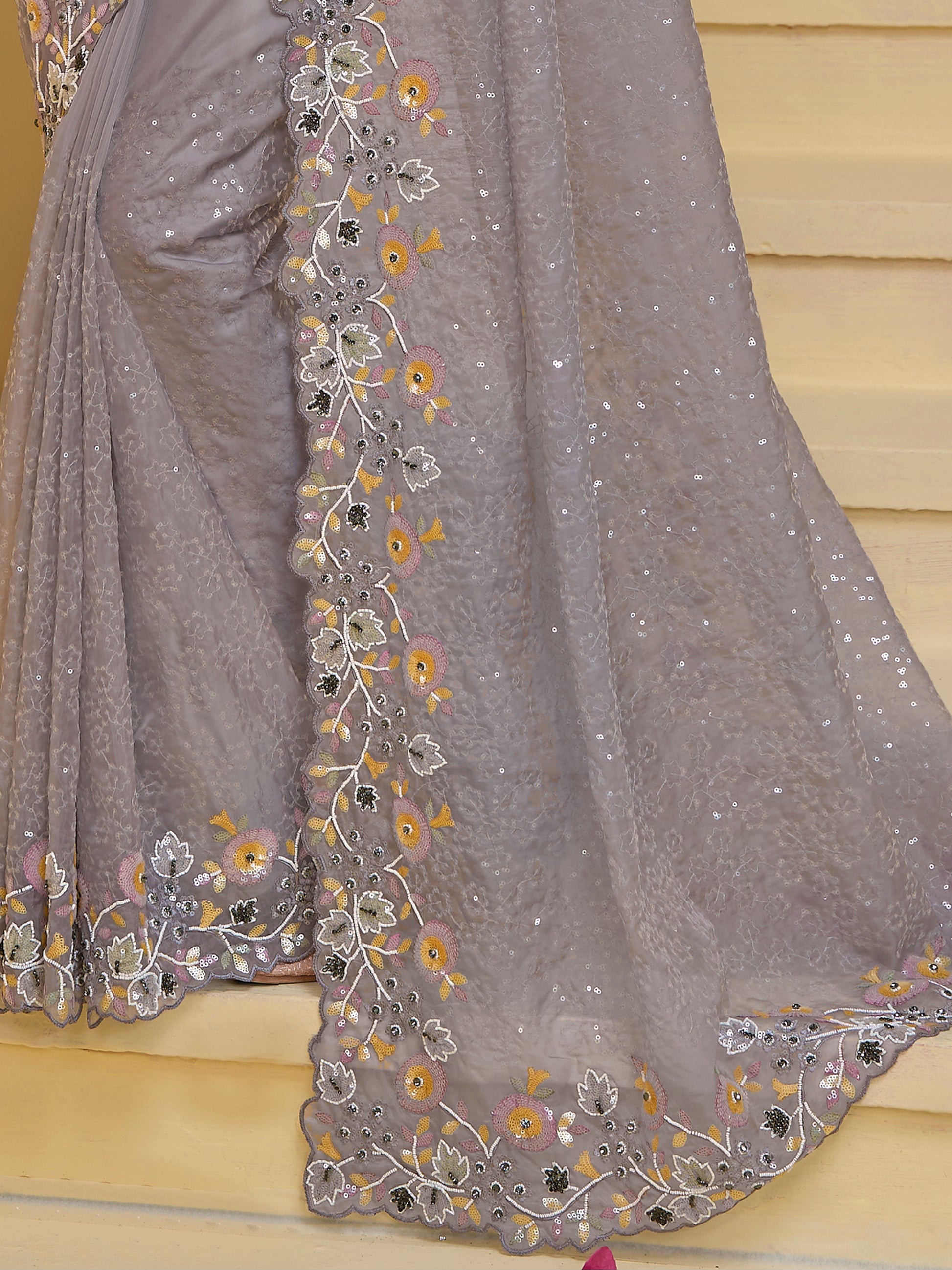 Attractive Grey Sequins Organza Party Wear Saree With Blouse