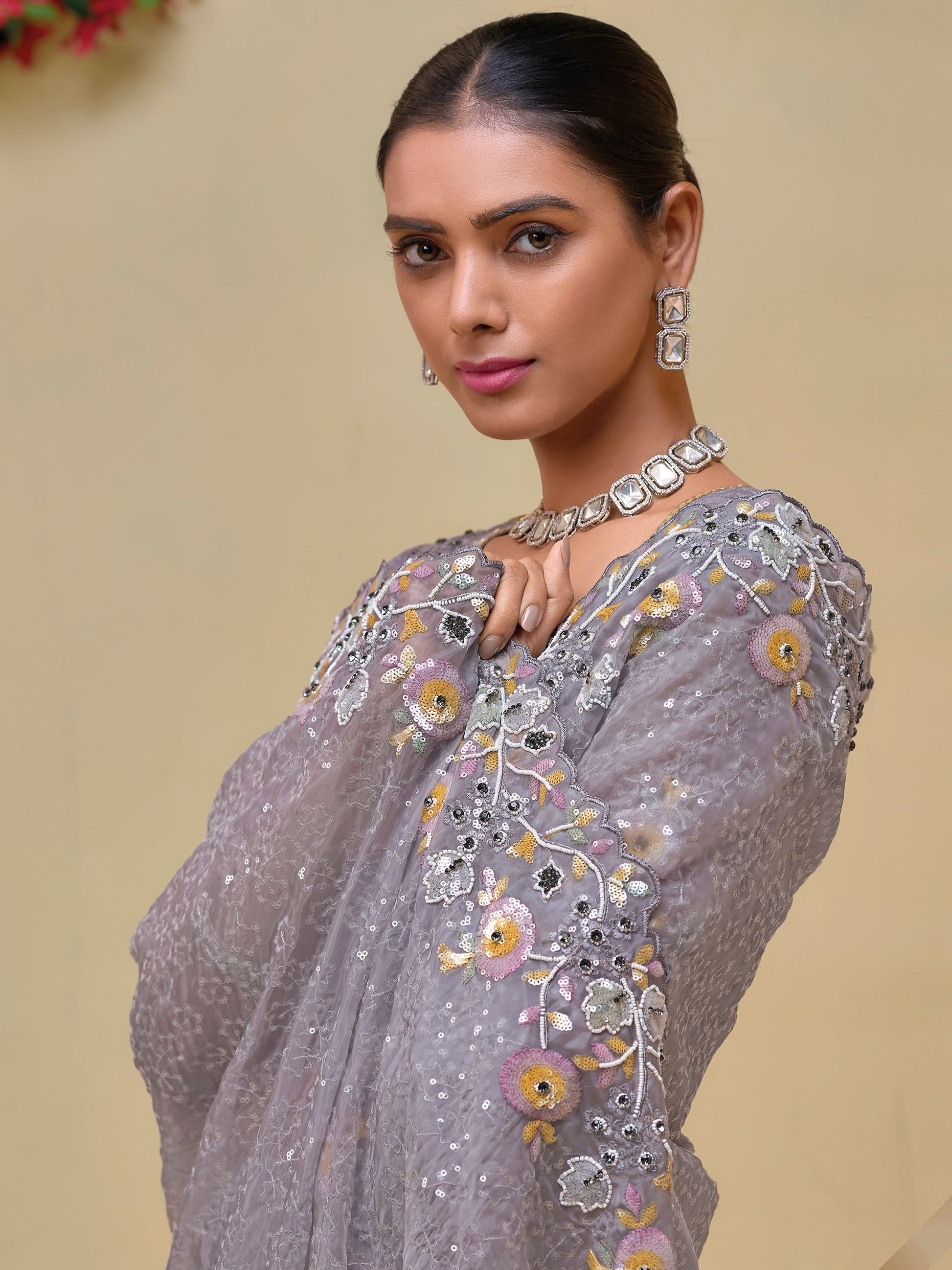 Attractive Grey Sequins Organza Party Wear Saree With Blouse