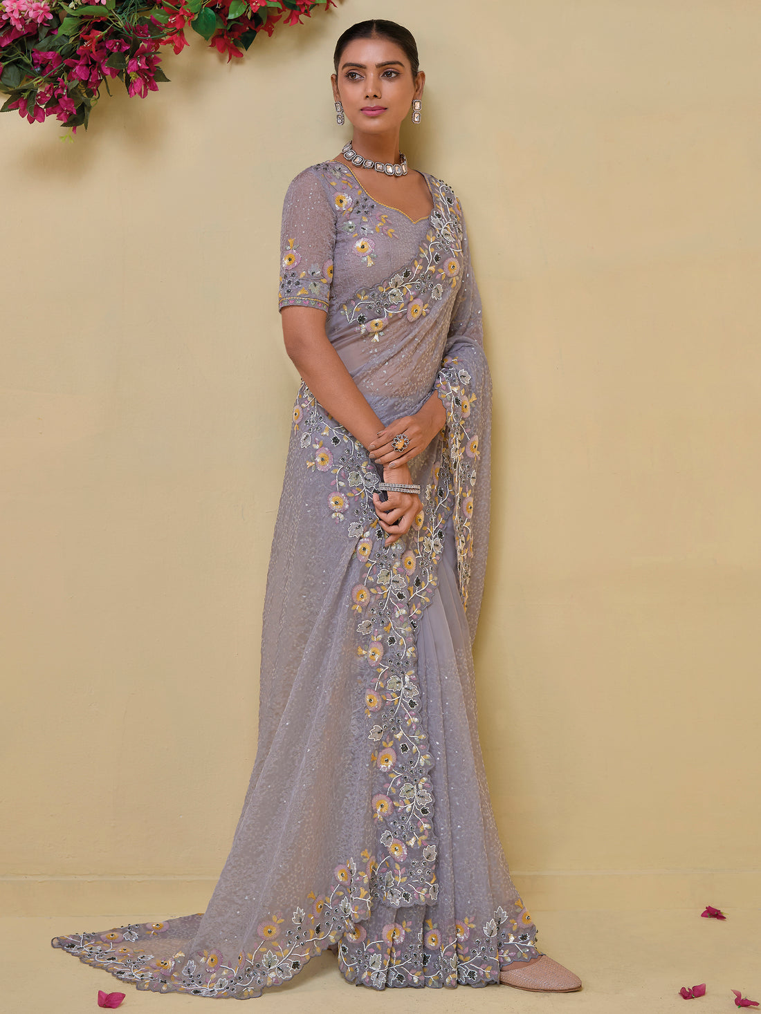 Attractive Grey Sequins Organza Party Wear Saree With Blouse