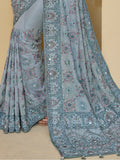 Sweet Grey Mirror Work Organza Reception Wear Saree With Blouse