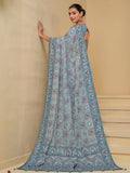 Sweet Grey Mirror Work Organza Reception Wear Saree With Blouse