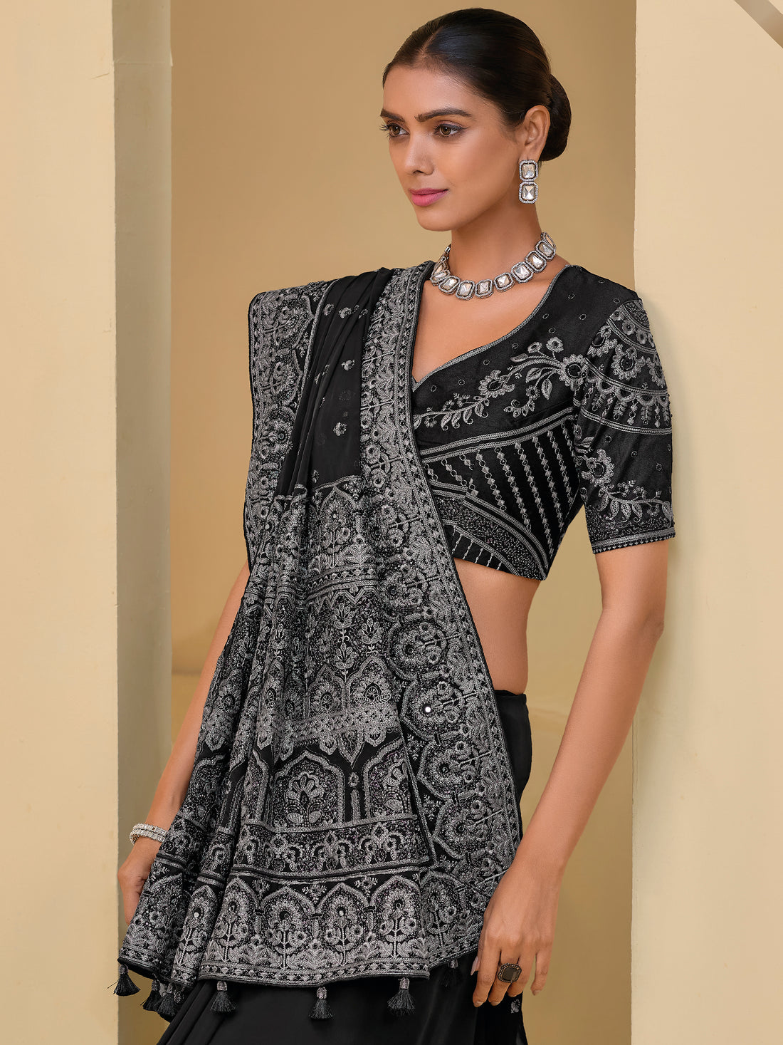 Outstanding Black Embroidered Organza Festival Wear Saree With Blouse