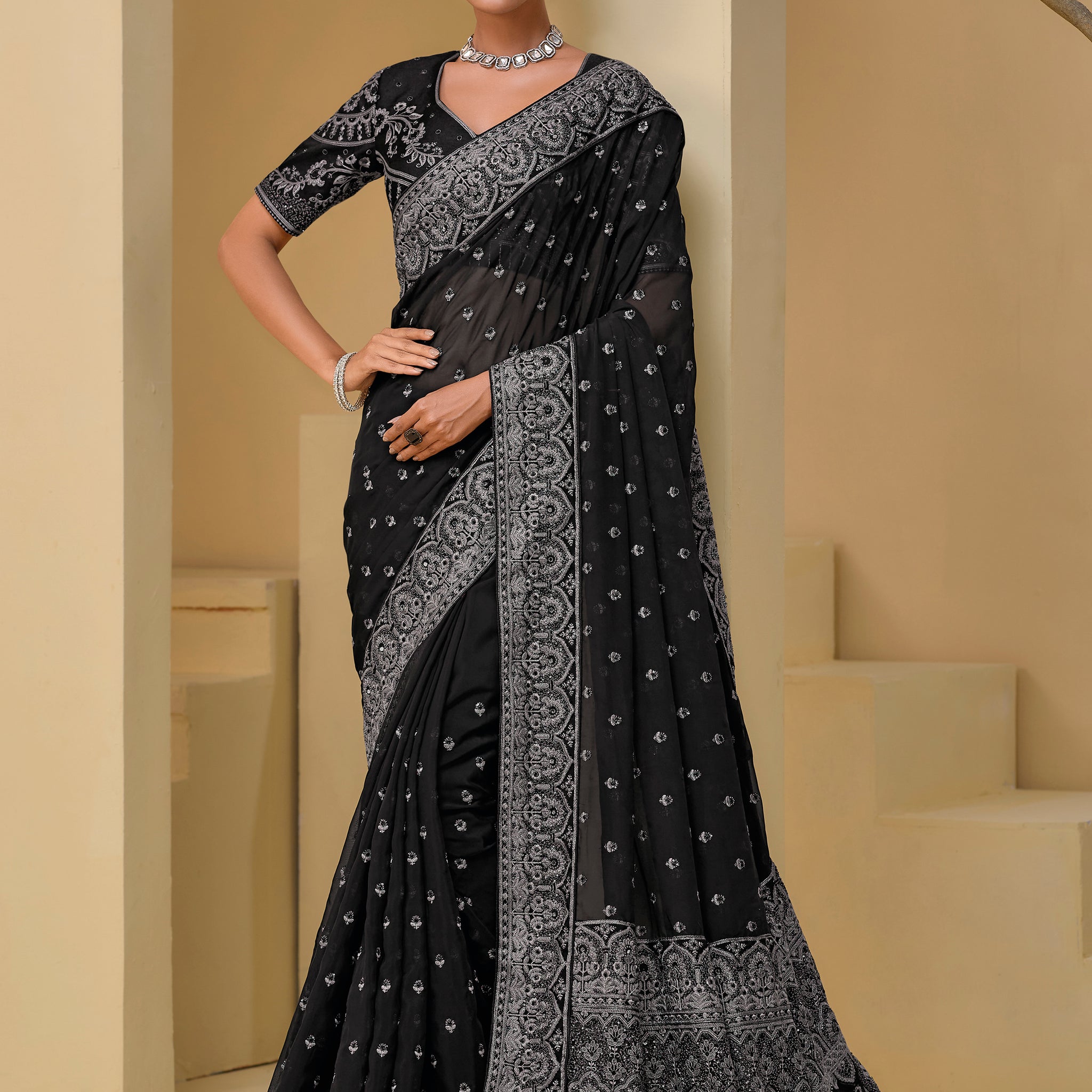 Outstanding Black Embroidered Organza Festival Wear Saree With Blouse