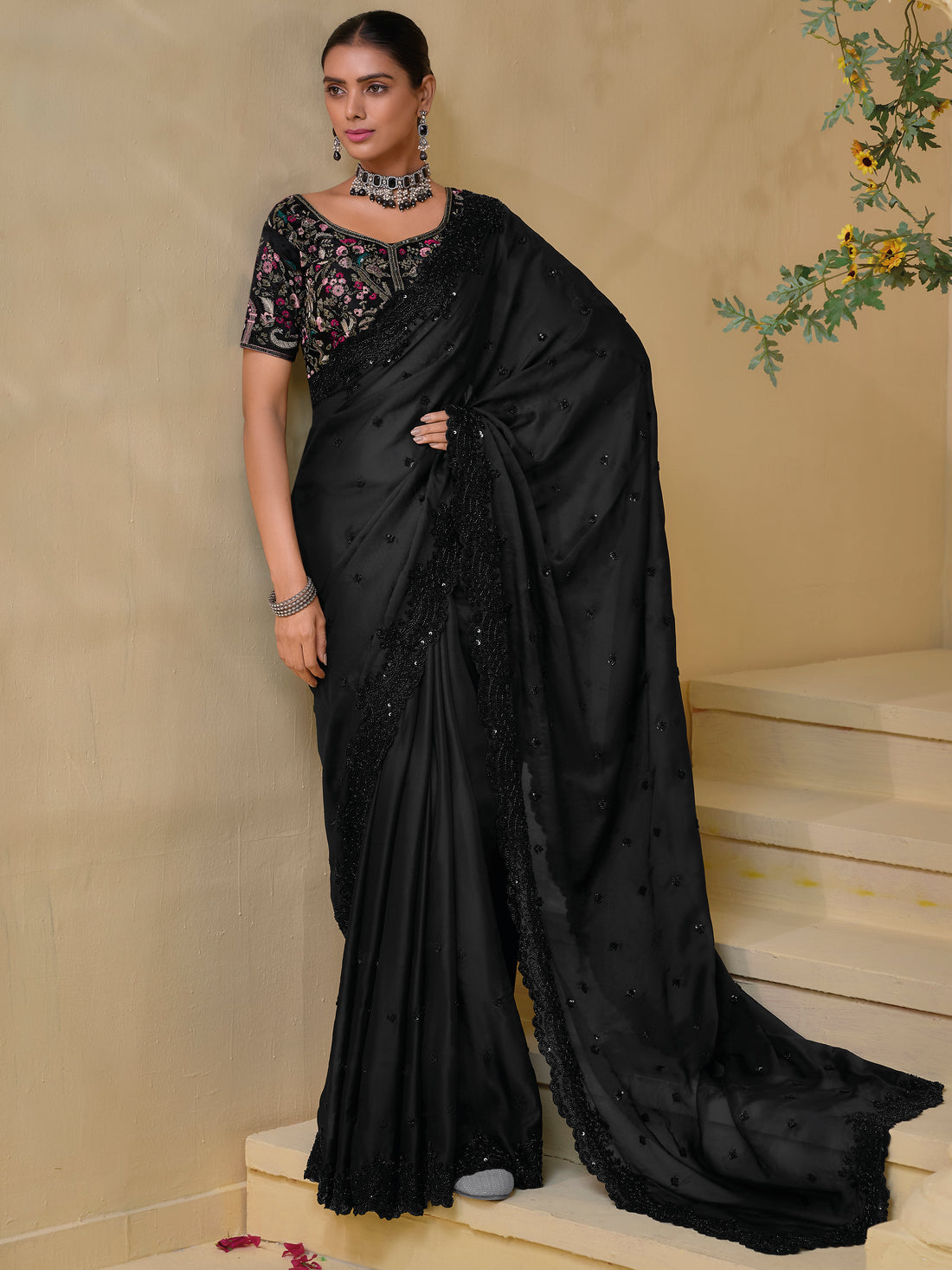 Beautiful Black Sequins Organza Party Wear Saree With Blouse