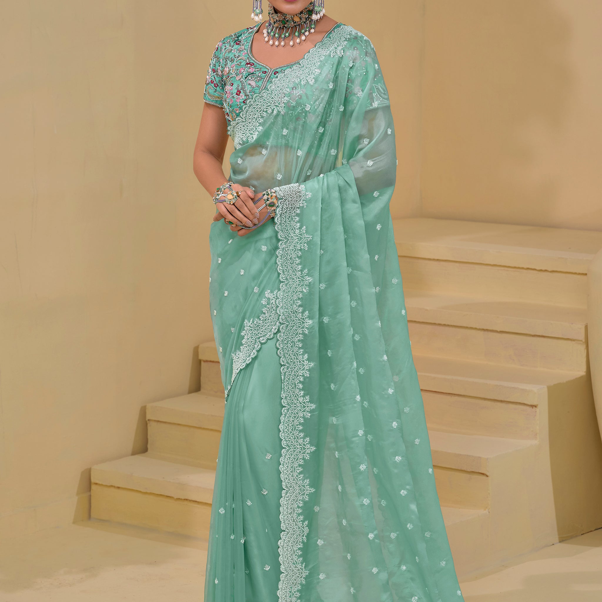 Beautiful Sea Green Sequins Organza Wedding Saree With Blouse