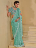 Beautiful Sea Green Sequins Organza Wedding Saree With Blouse