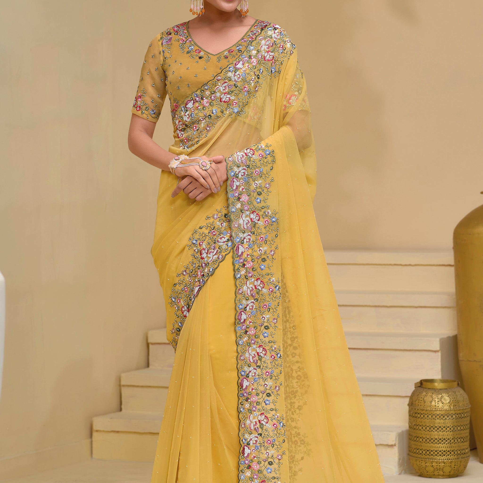 Awesome Yellow Stone Work Organza Haldi Wear Saree With Blouse